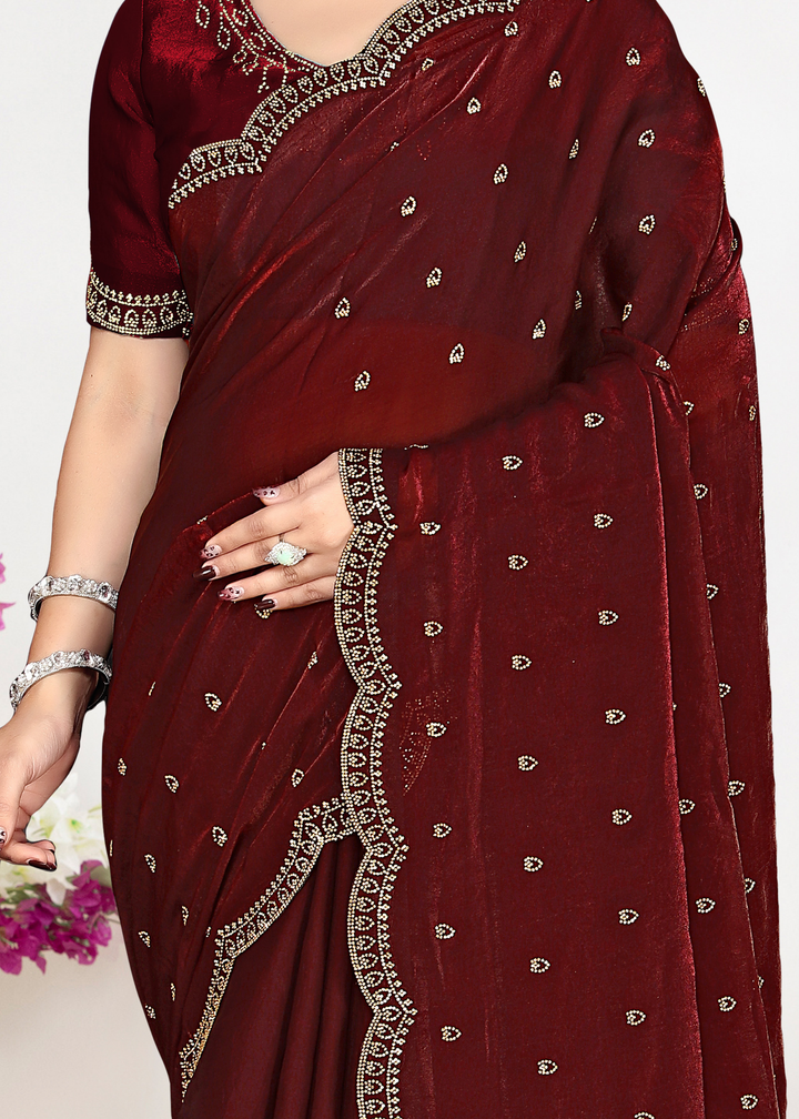 Sumac Wine Scallop Stippled Satin Silk Saree