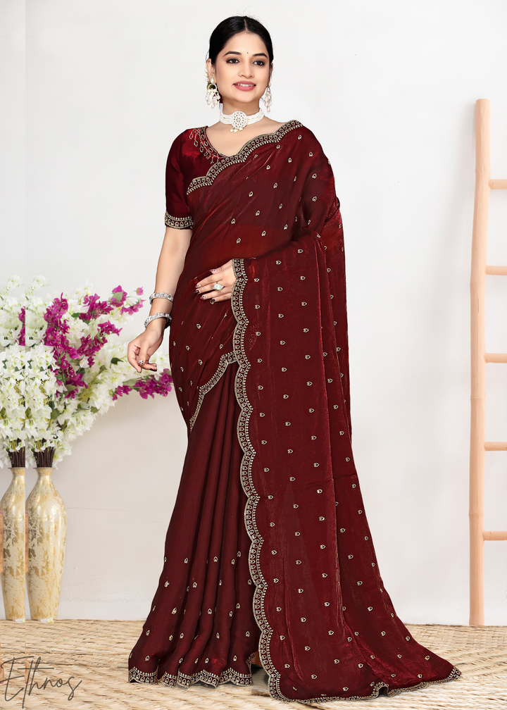 Sumac Wine Scallop Stippled Satin Silk Saree