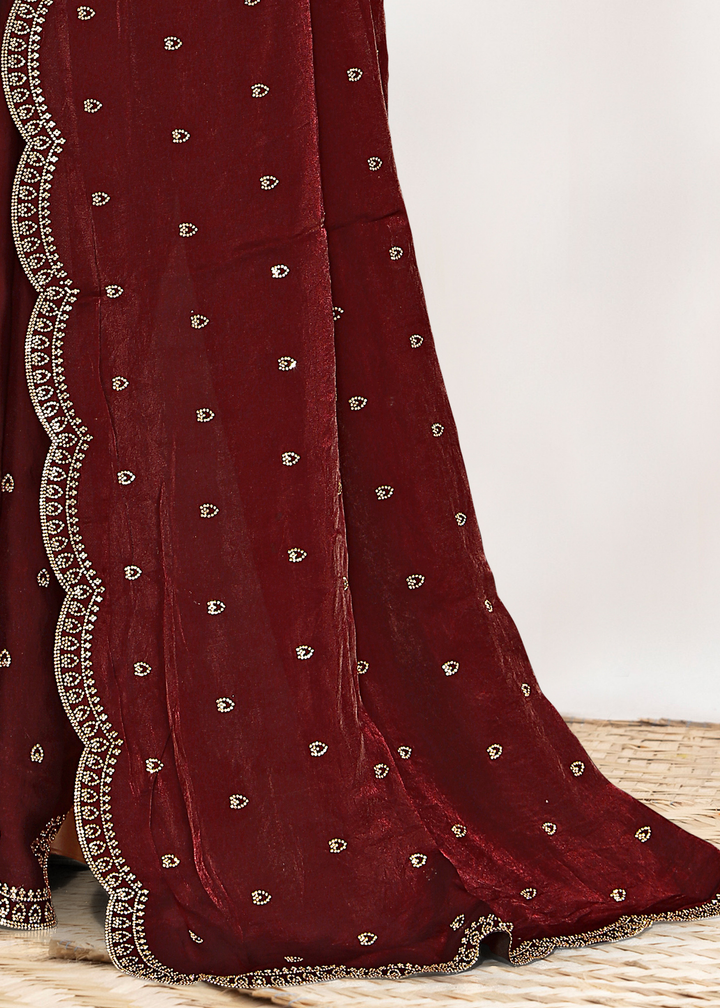 Sumac Wine Scallop Stippled Satin Silk Saree