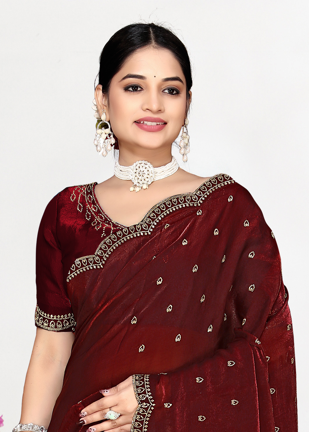 Sumac Wine Scallop Stippled Satin Silk Saree
