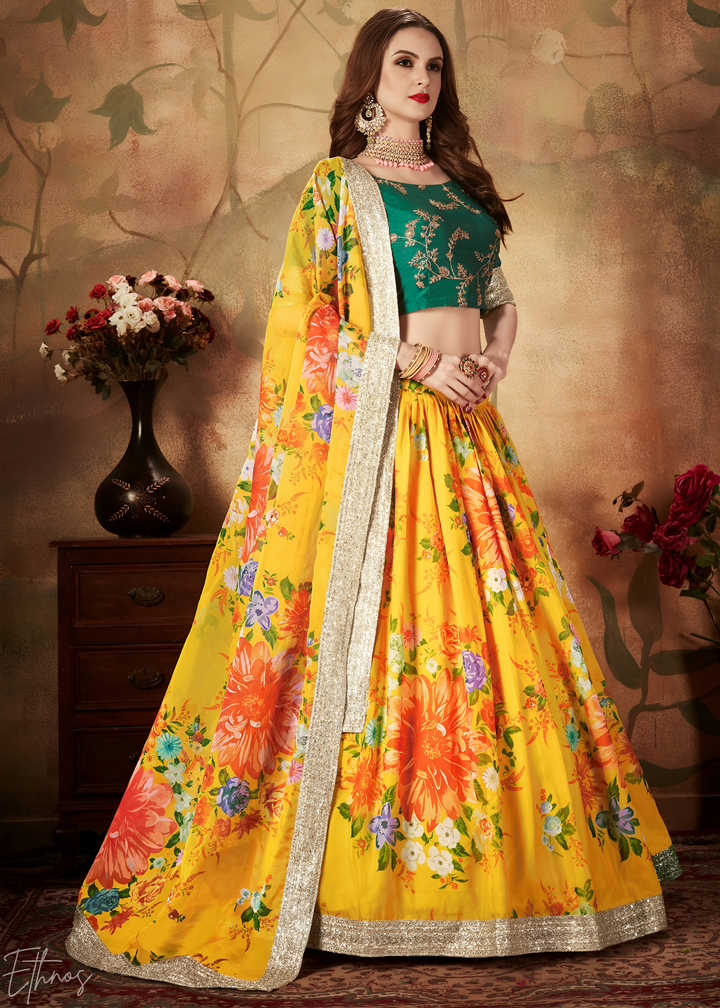 Sun Yellow Garden Floral Printed Organza Lehenga Choli