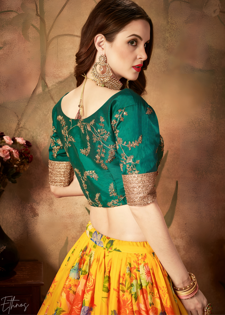 Sun Yellow Garden Floral Printed Organza Lehenga Choli