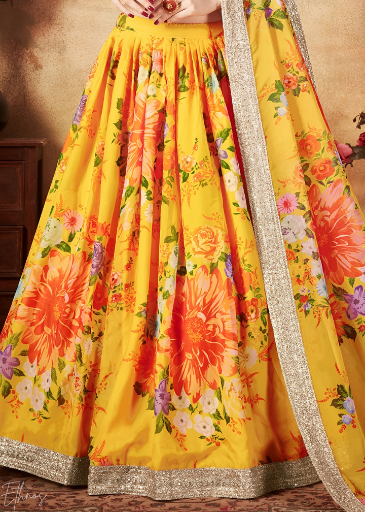 Sun Yellow Garden Floral Printed Organza Lehenga Choli