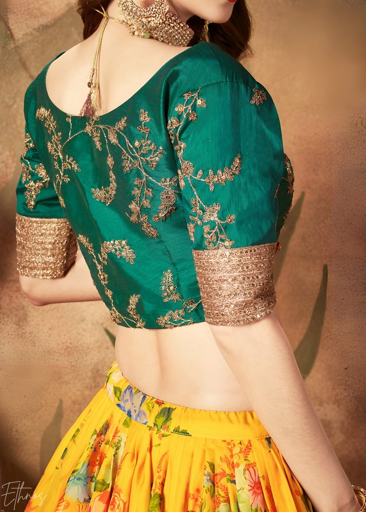 Sun Yellow Garden Floral Printed Organza Lehenga Choli