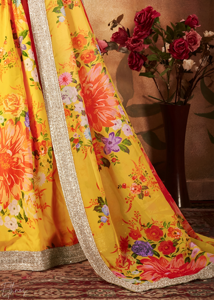 Sun Yellow Garden Floral Printed Organza Lehenga Choli