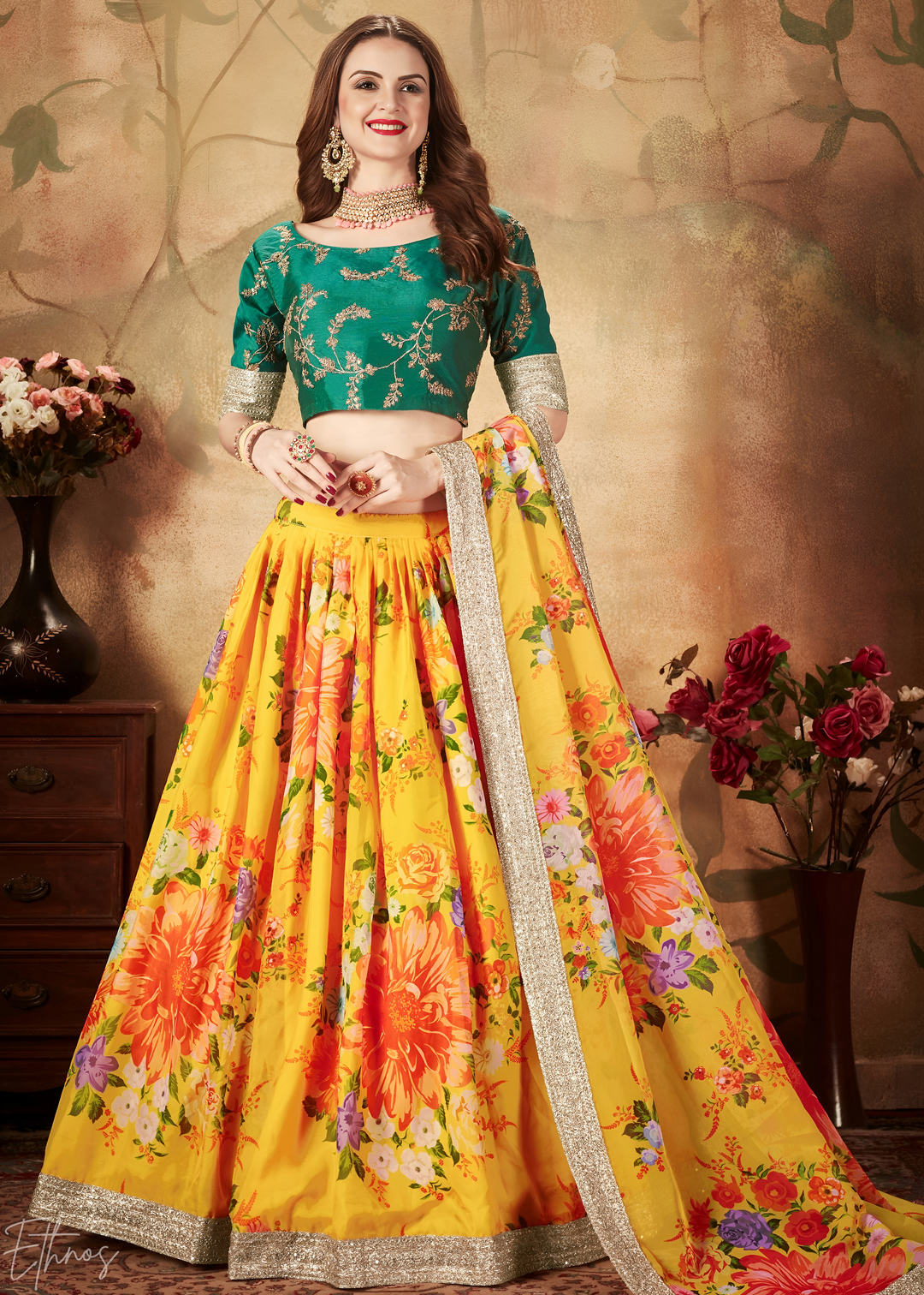 Sun Yellow Garden Floral Printed Organza Lehenga Choli