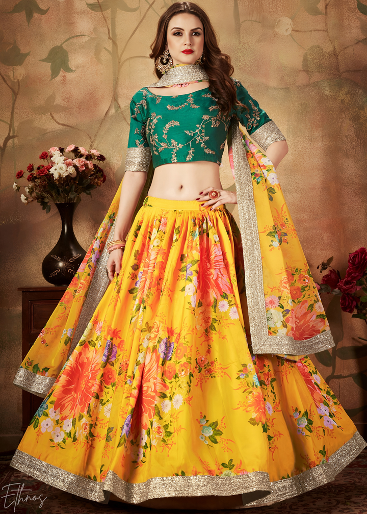 Sun Yellow Garden Floral Printed Organza Lehenga Choli