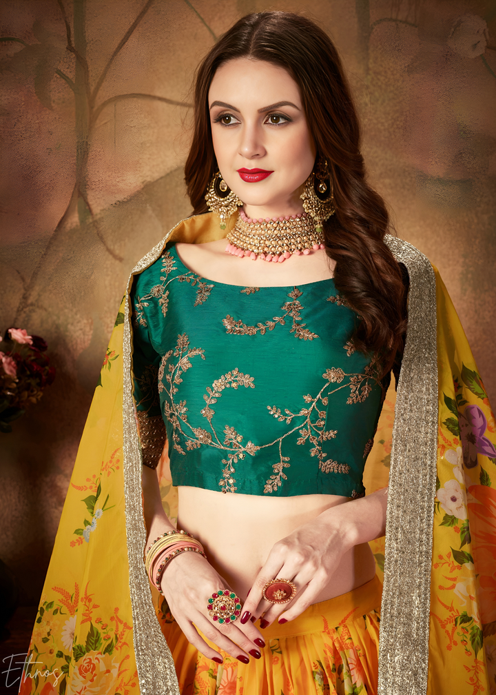 Sun Yellow Garden Floral Printed Organza Lehenga Choli