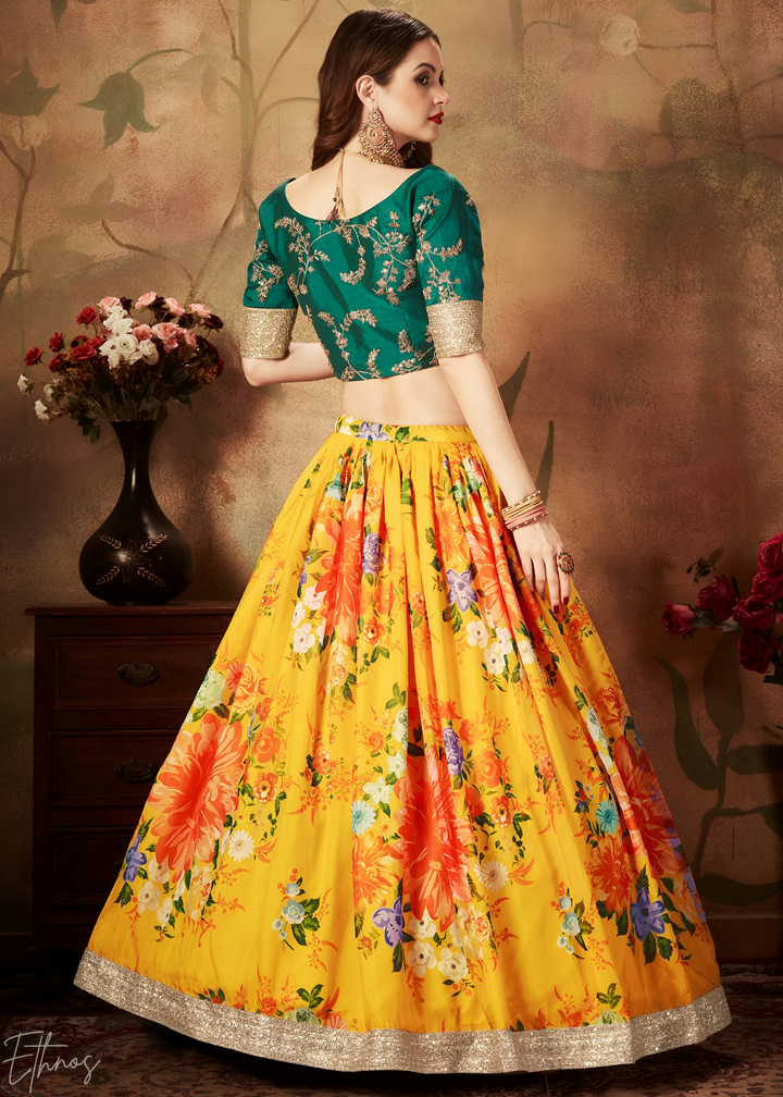 Sun Yellow Garden Floral Printed Organza Lehenga Choli