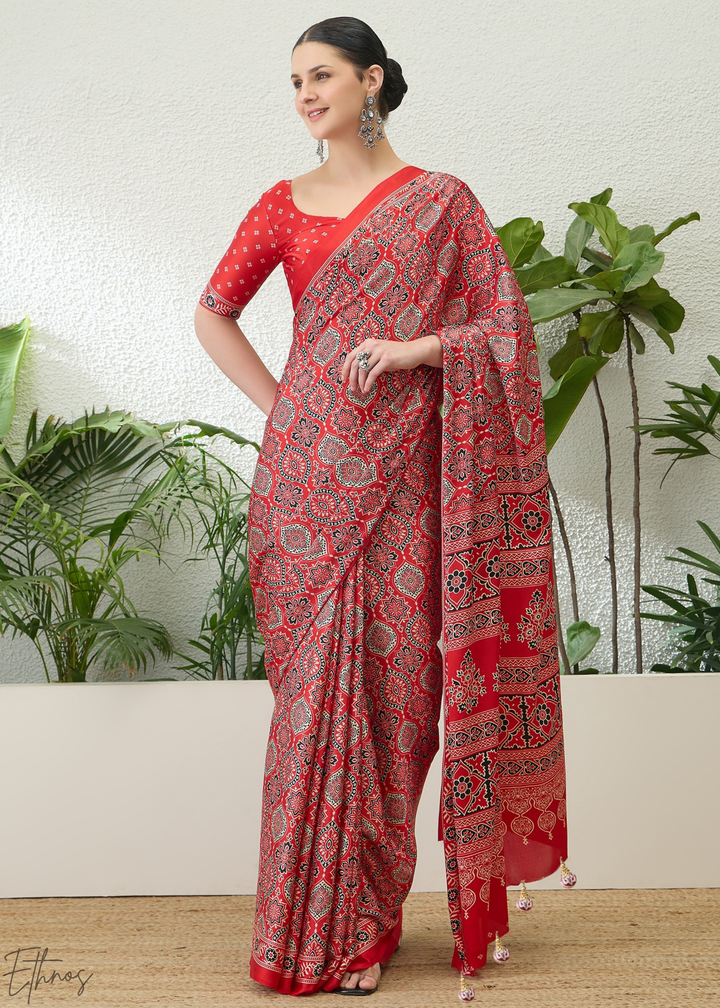 Hot Pink Ajrakh Print Modal Silk Saree
