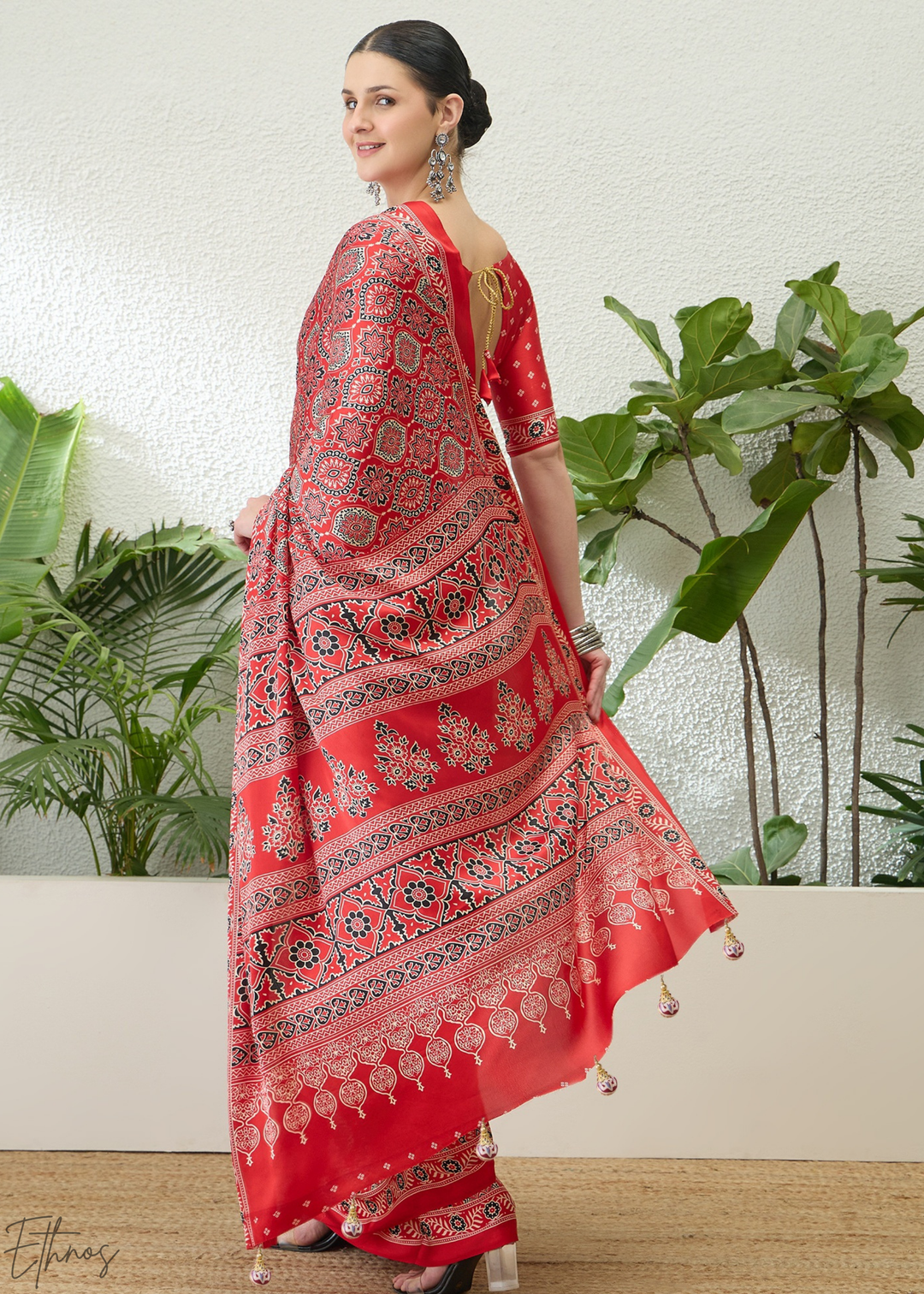 Hot Pink Ajrakh Print Modal Silk Saree