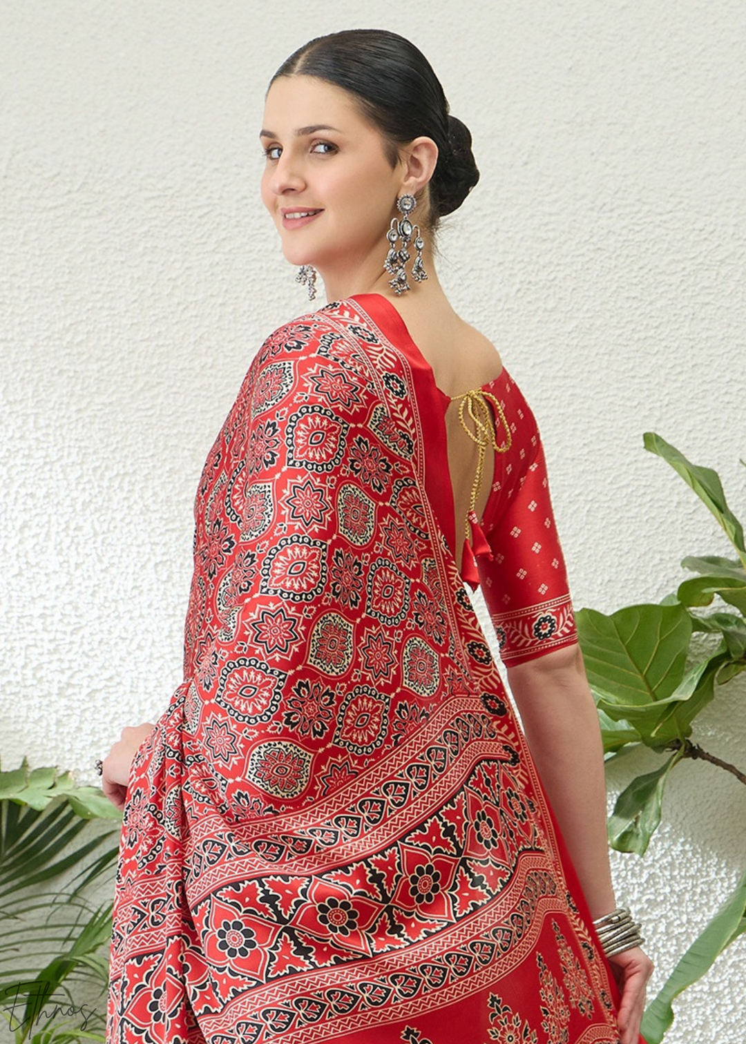 Hot Pink Ajrakh Print Modal Silk Saree