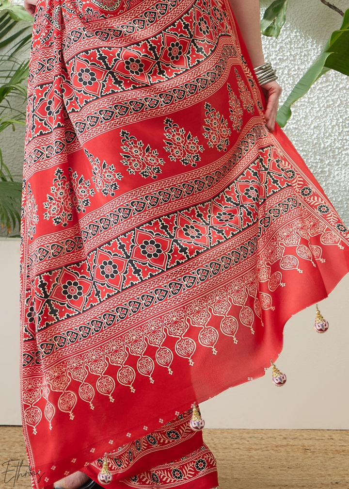 Hot Pink Ajrakh Print Modal Silk Saree