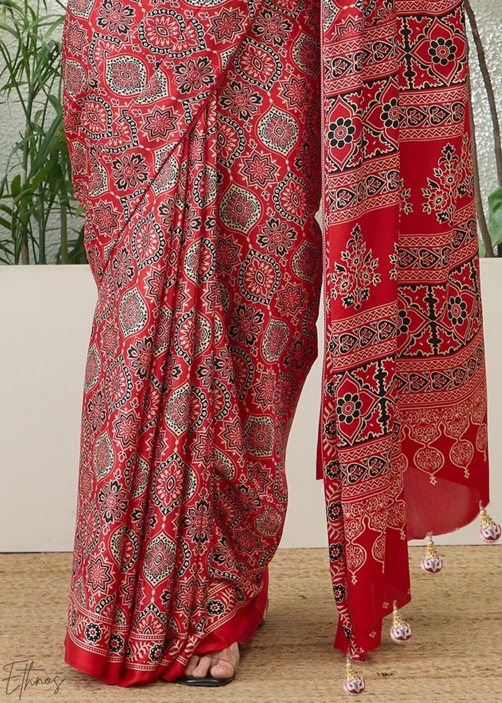 Hot Pink Ajrakh Print Modal Silk Saree