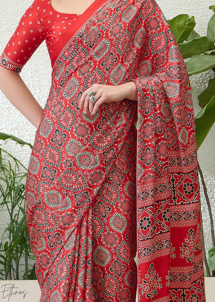 Hot Pink Ajrakh Print Modal Silk Saree
