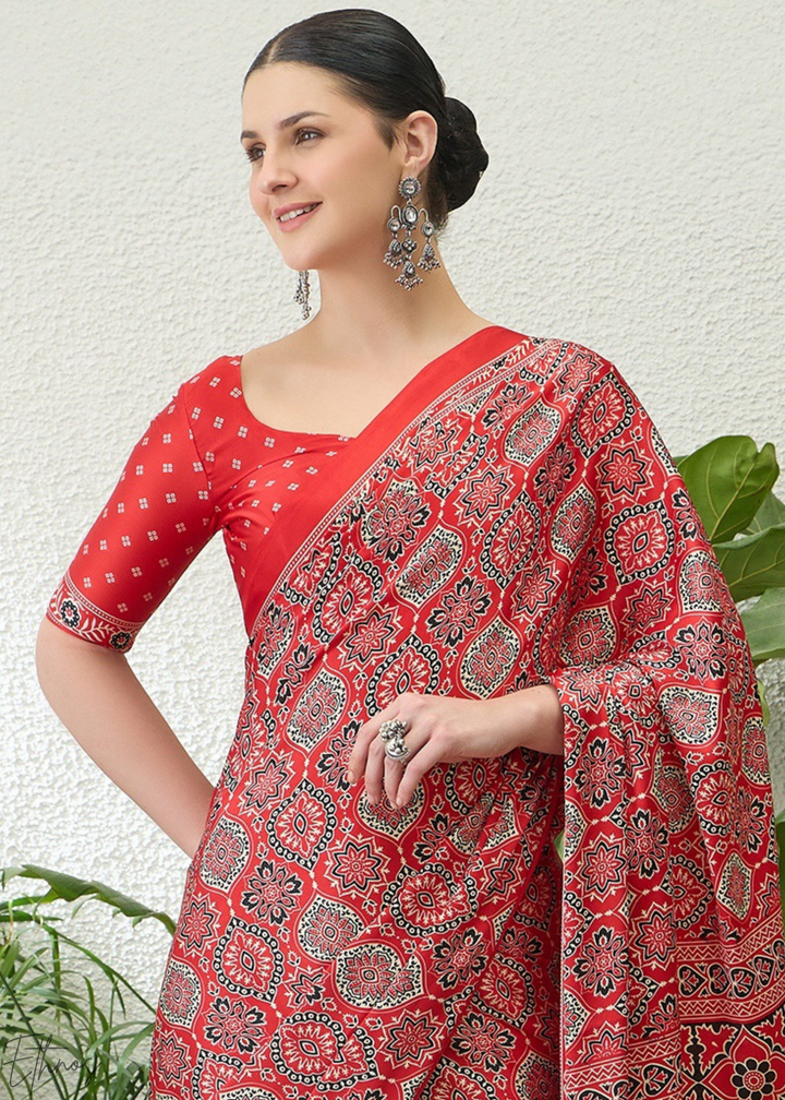 Hot Pink Ajrakh Print Modal Silk Saree