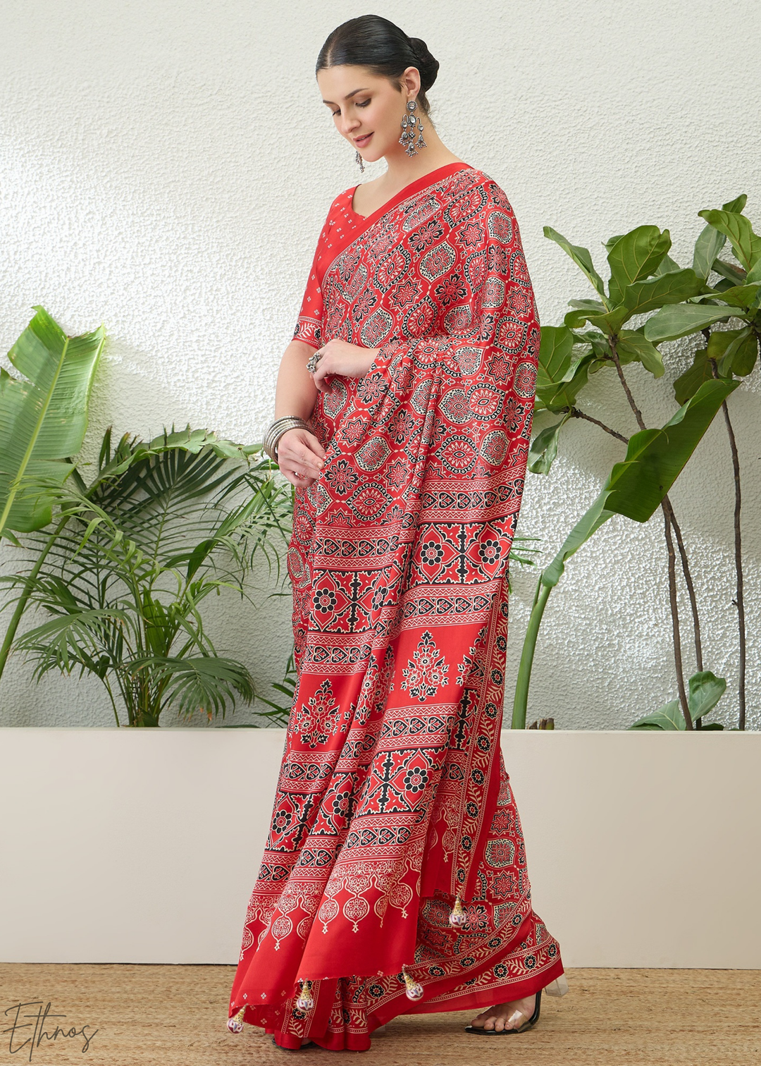 Hot Pink Ajrakh Print Modal Silk Saree