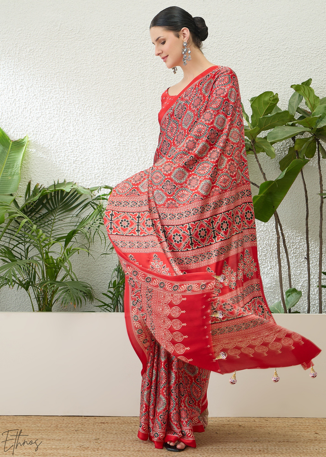 Hot Pink Ajrakh Print Modal Silk Saree