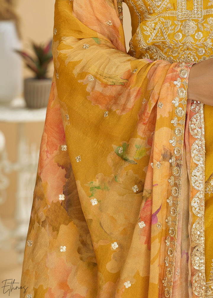 Sunkissed Yellow Printed Chinon Silk Palazzo Suit