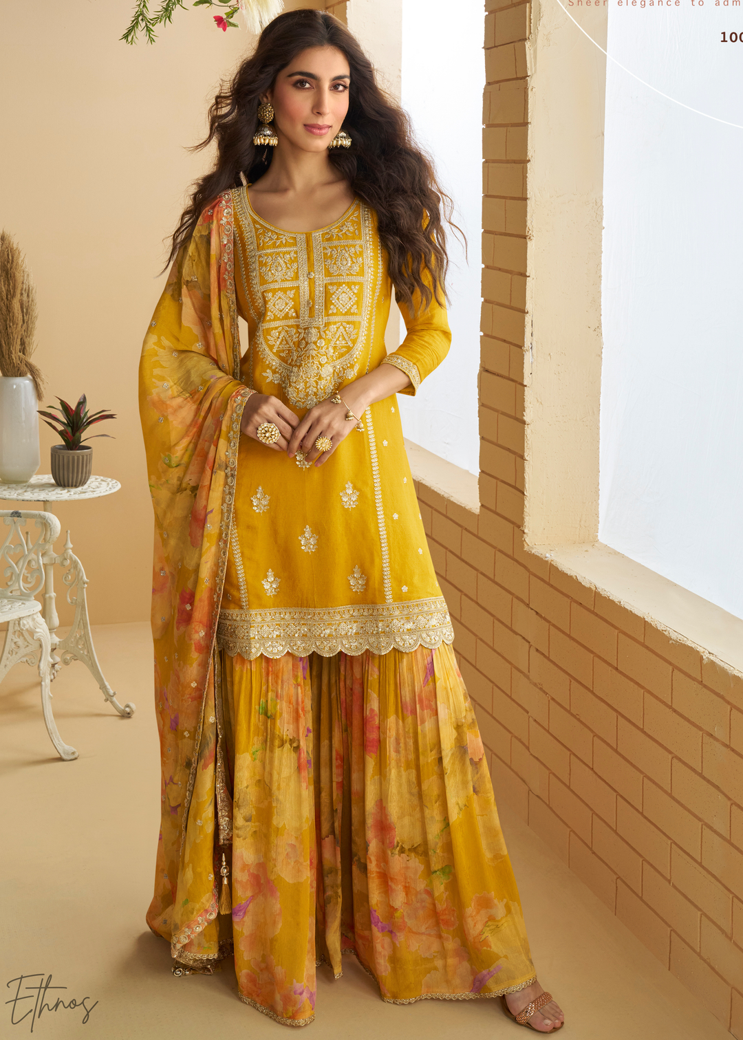 Sunkissed Yellow Printed Chinon Silk Palazzo Suit
