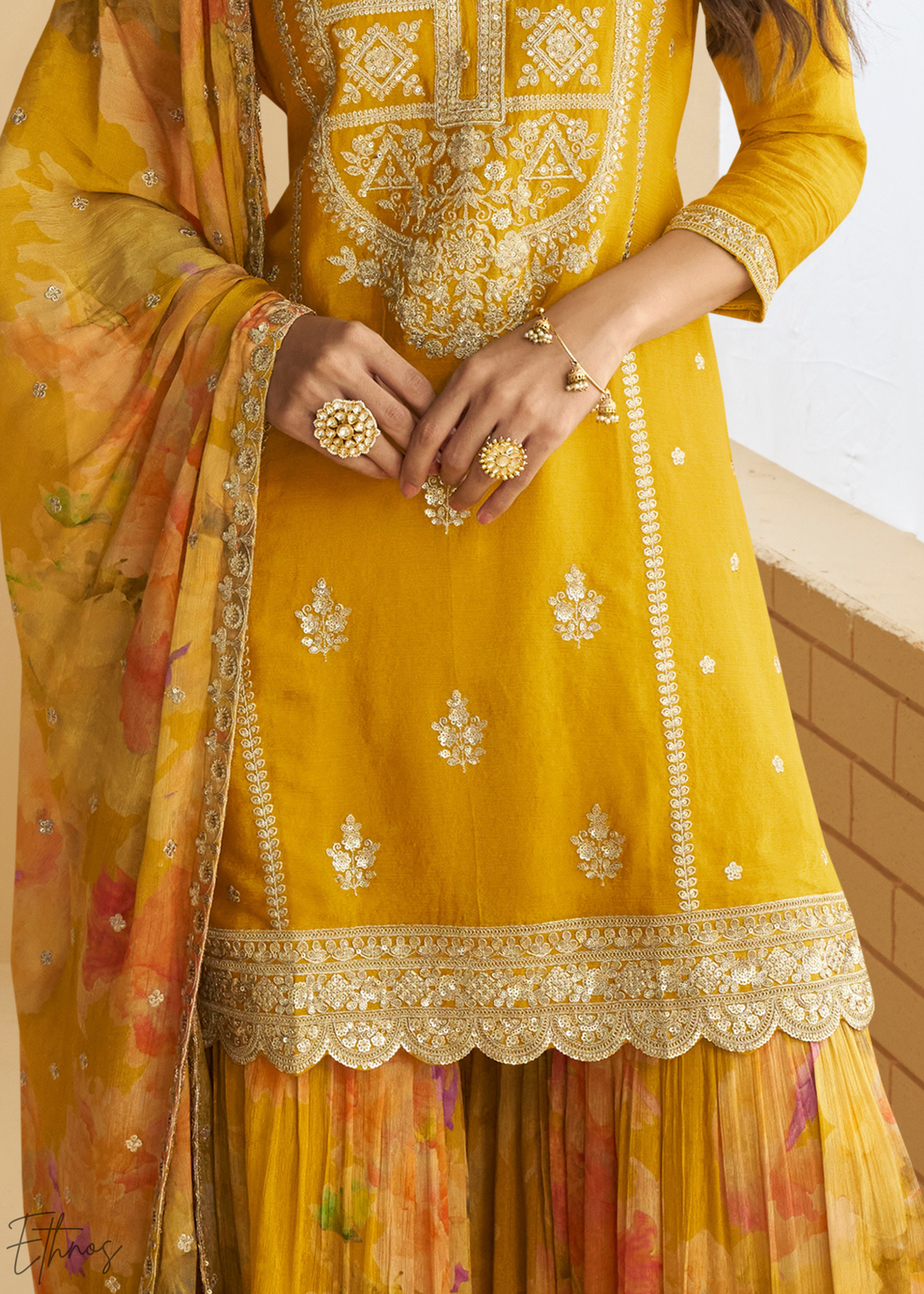 Sunkissed Yellow Printed Chinon Silk Palazzo Suit
