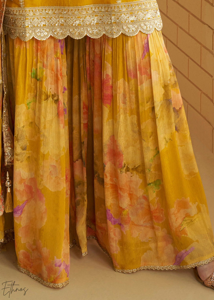 Sunkissed Yellow Printed Chinon Silk Palazzo Suit