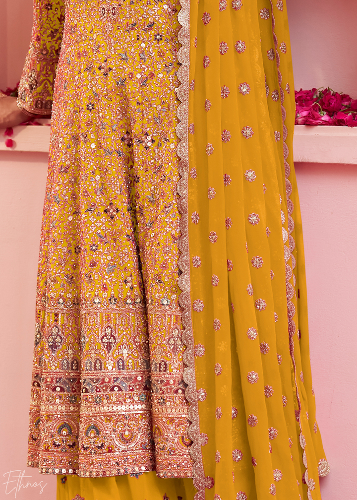 Sunlit Gold Baroque Georgette Flared Tunic Palazzo Suit