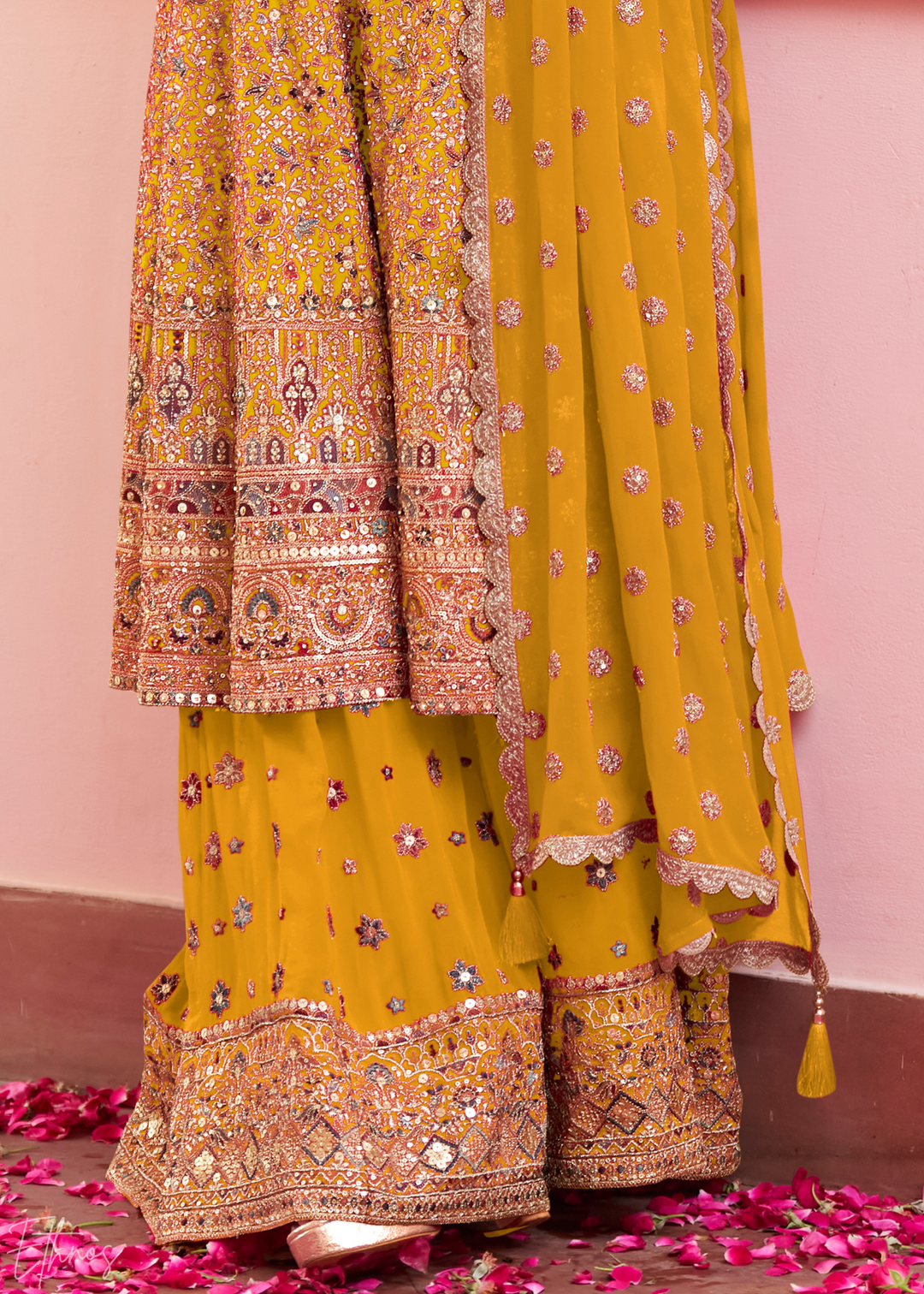 Sunlit Gold Baroque Georgette Flared Tunic Palazzo Suit