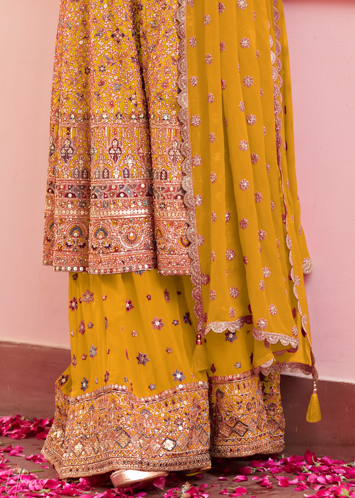 Sunlit Gold Baroque Georgette Flared Tunic Palazzo Suit