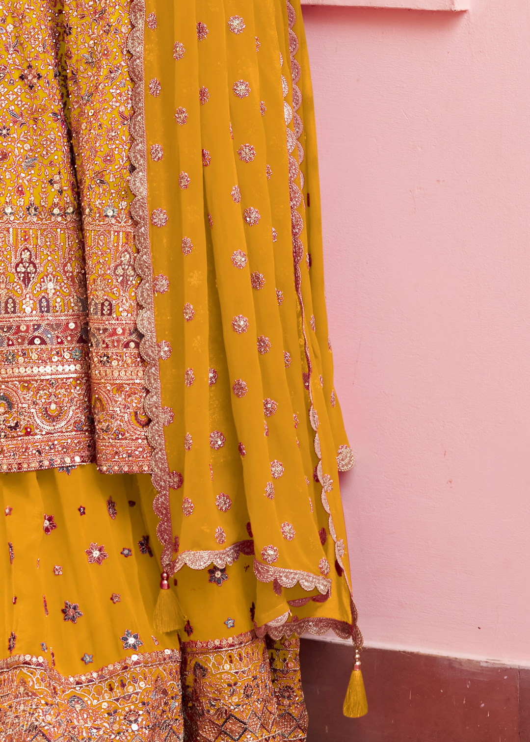 Sunlit Gold Baroque Georgette Flared Tunic Palazzo Suit