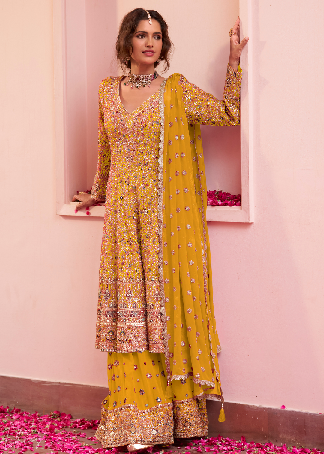 Sunlit Gold Baroque Georgette Flared Tunic Palazzo Suit