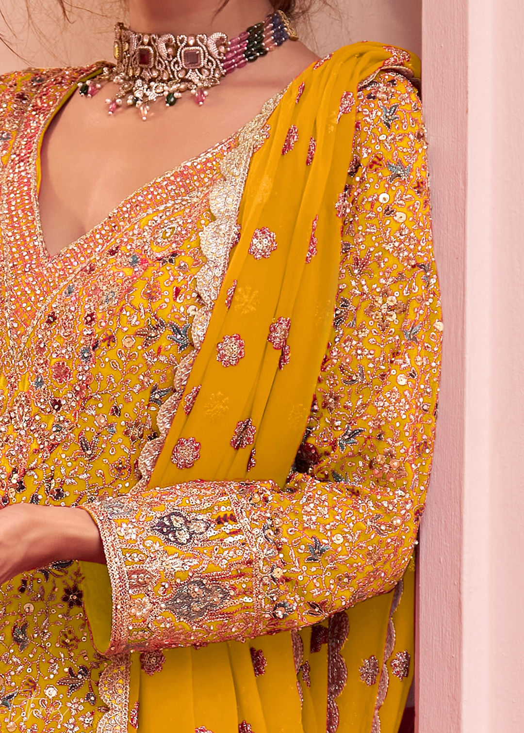 Sunlit Gold Baroque Georgette Flared Tunic Palazzo Suit