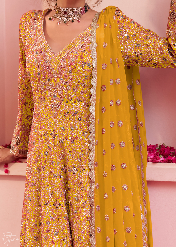 Sunlit Gold Baroque Georgette Flared Tunic Palazzo Suit