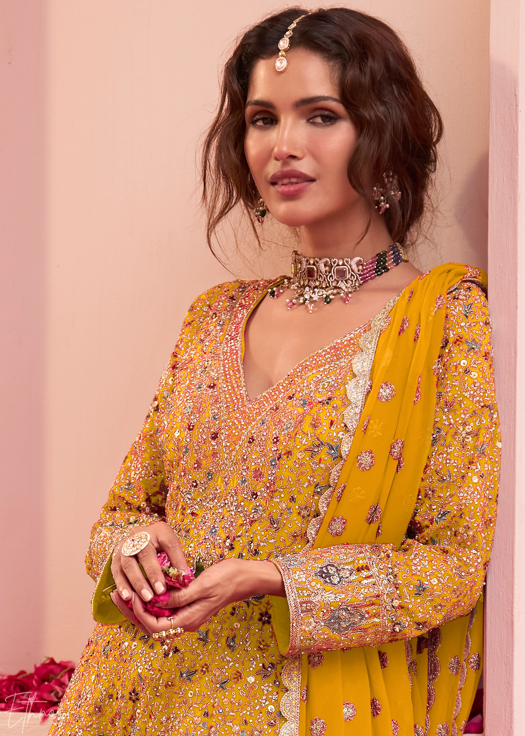 Sunlit Gold Baroque Georgette Flared Tunic Palazzo Suit