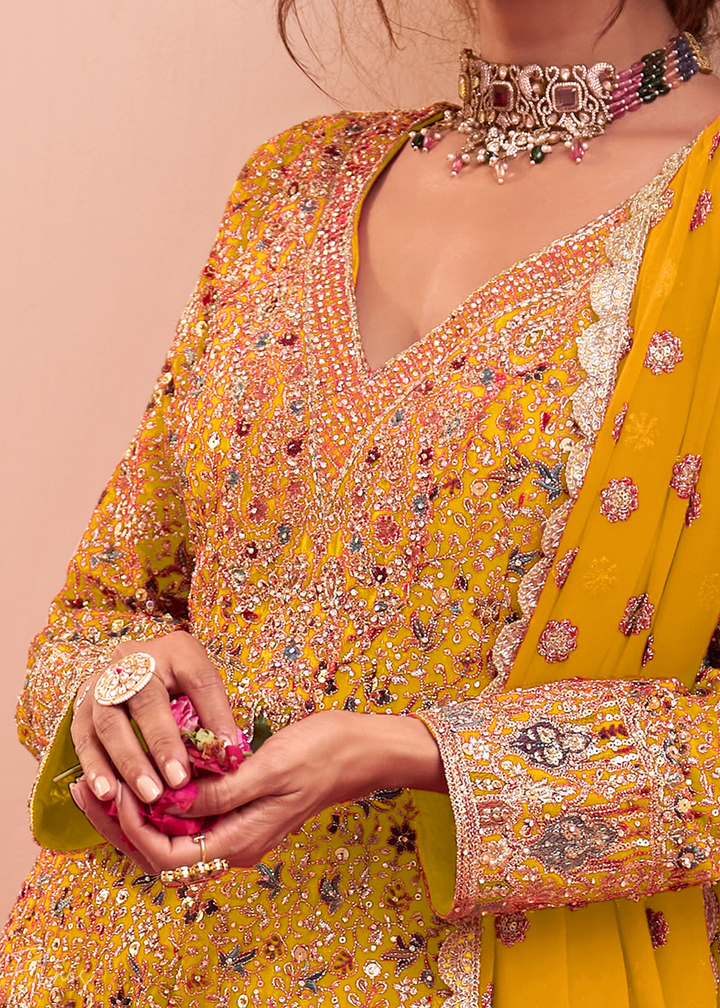 Sunlit Gold Baroque Georgette Flared Tunic Palazzo Suit