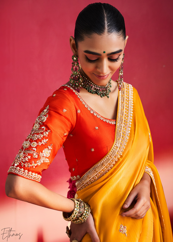 Sunlit Gold Paisley Trim Border Soft Silk Saree