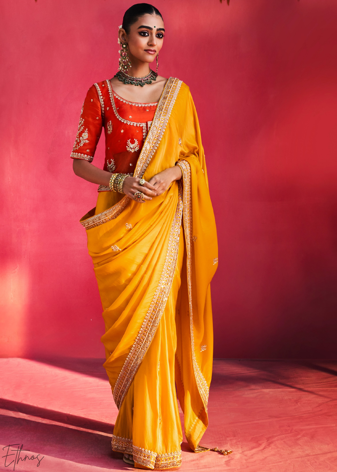 Sunlit Gold Paisley Trim Border Soft Silk Saree