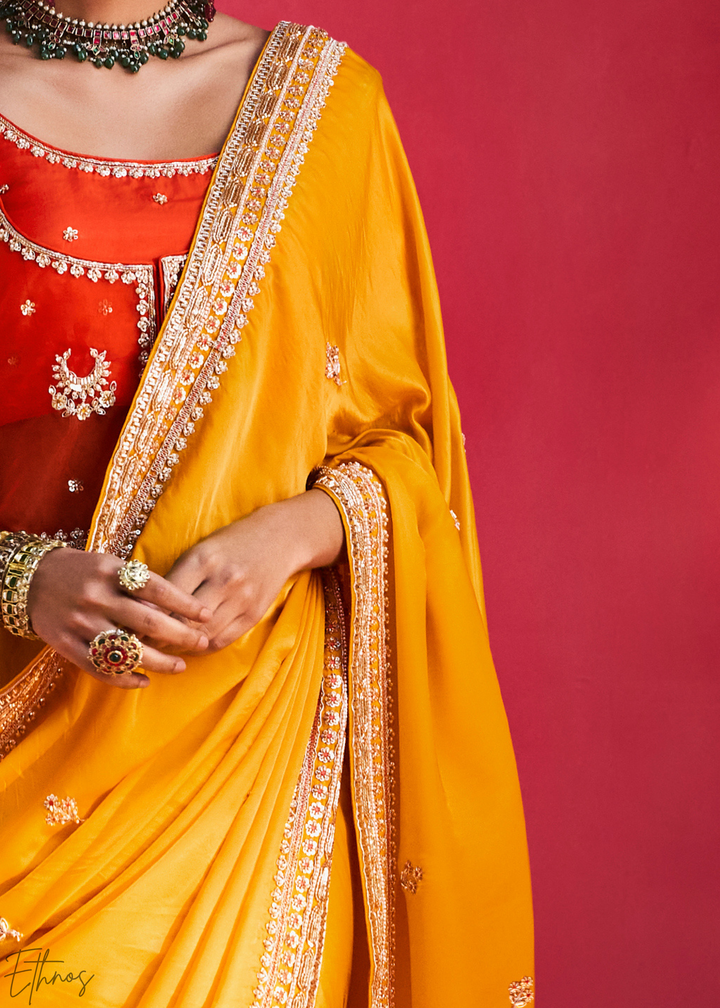 Sunlit Gold Paisley Trim Border Soft Silk Saree