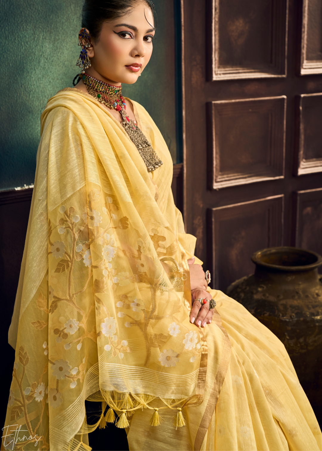 Sunset Amber Artisan Floral Weave Munga Cotton Saree