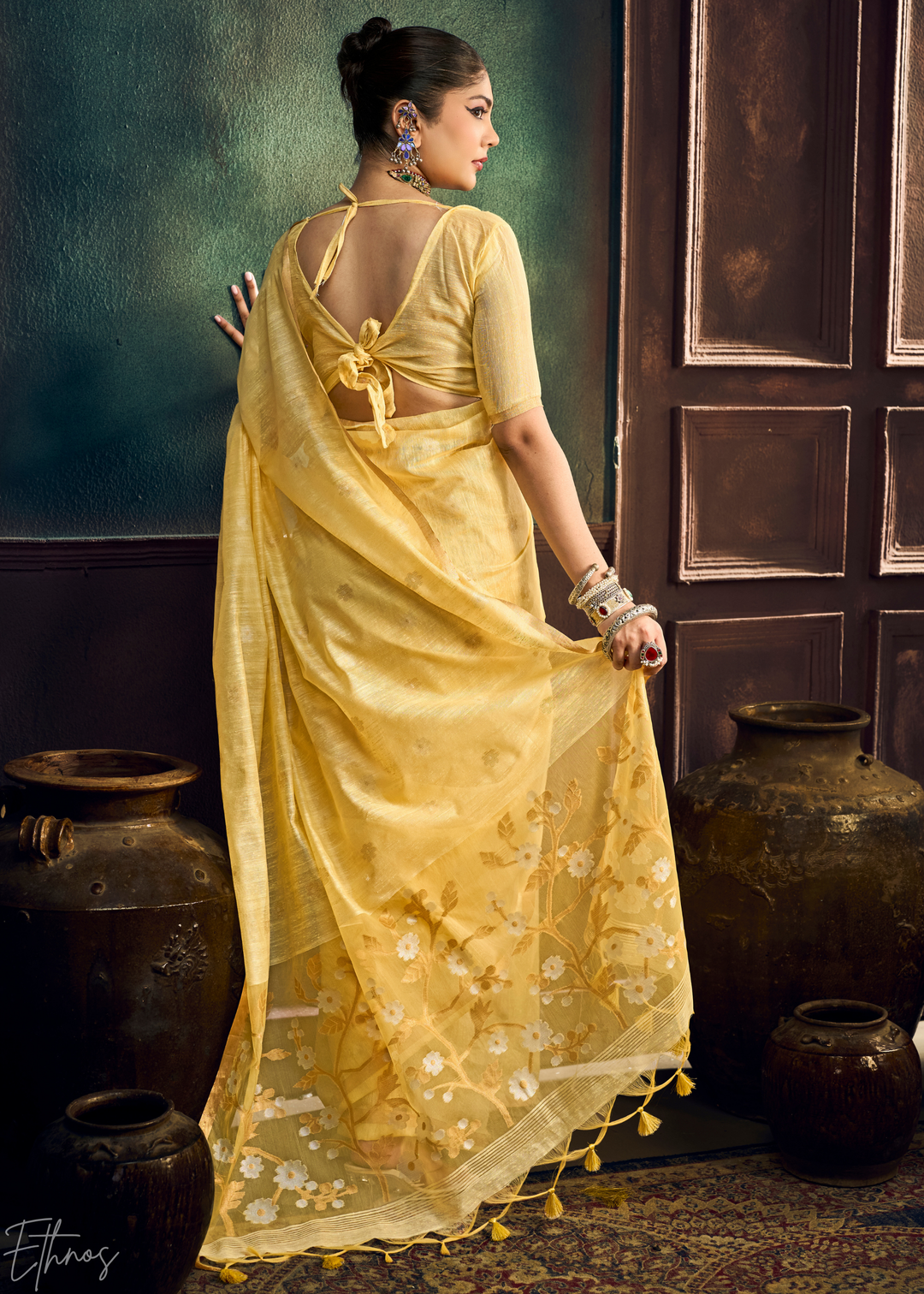 Sunset Amber Artisan Floral Weave Munga Cotton Saree