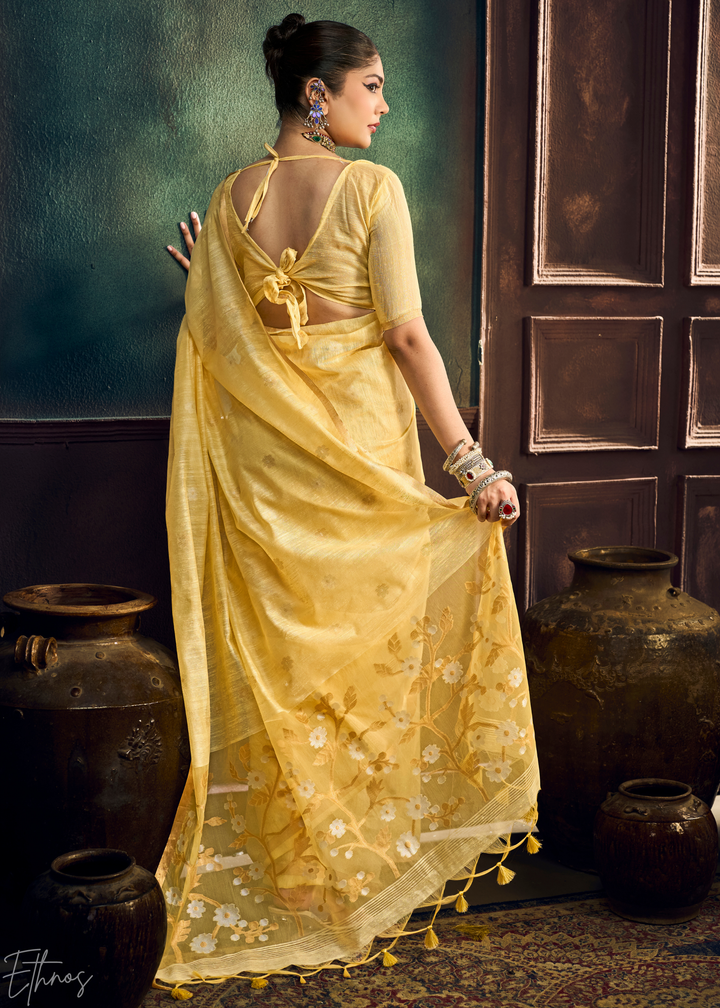 Sunset Amber Artisan Floral Weave Munga Cotton Saree