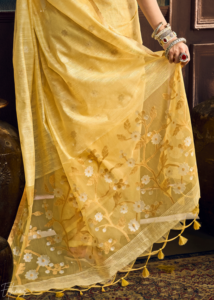 Sunset Amber Artisan Floral Weave Munga Cotton Saree