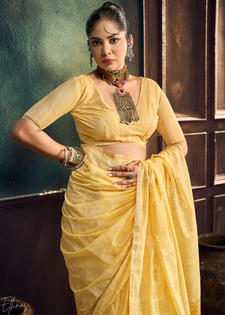 Sunset Amber Artisan Floral Weave Munga Cotton Saree