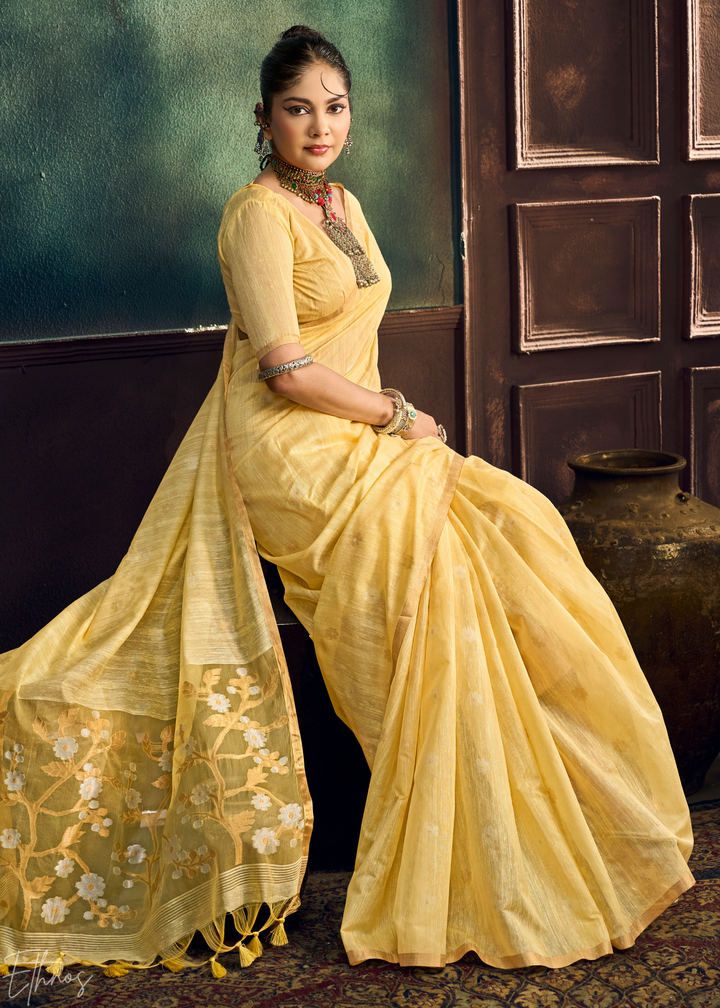 Sunset Amber Artisan Floral Weave Munga Cotton Saree