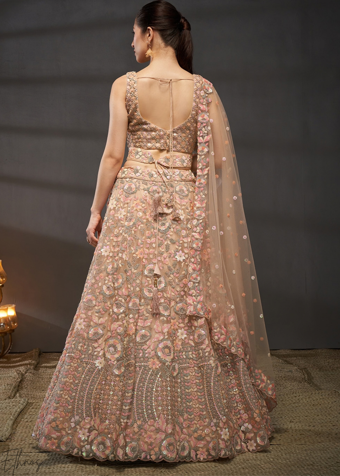 Sunset Amber Gilded Bouquet Net Lehenga