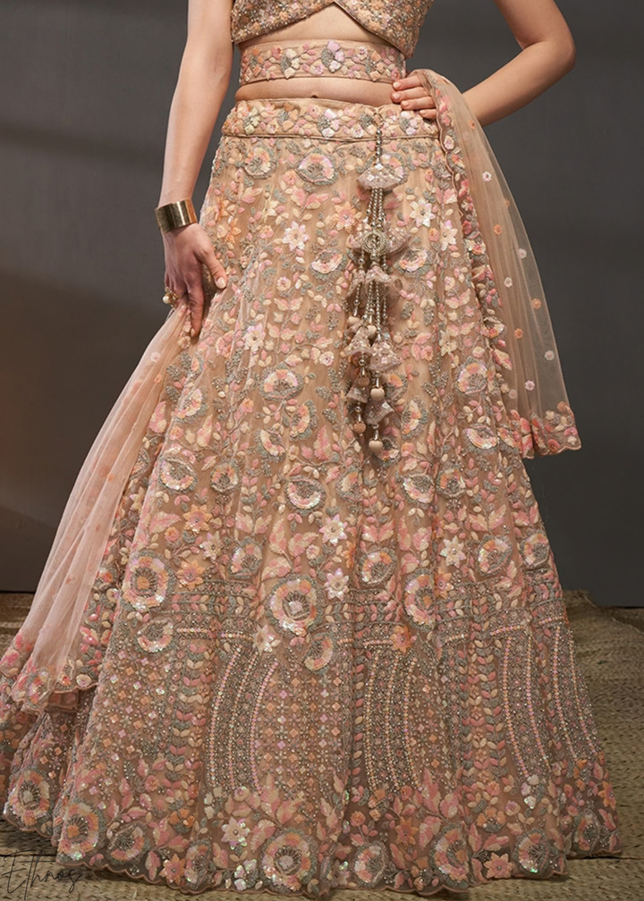 Sunset Amber Gilded Bouquet Net Lehenga