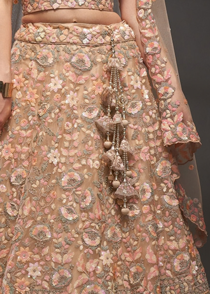 Sunset Amber Gilded Bouquet Net Lehenga