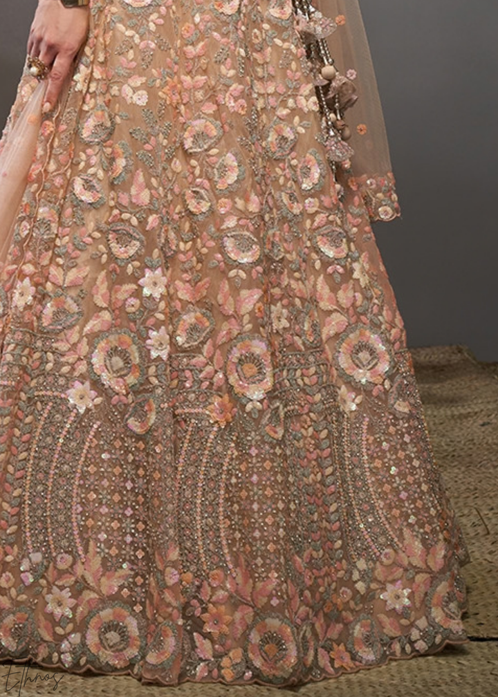 Sunset Amber Gilded Bouquet Net Lehenga