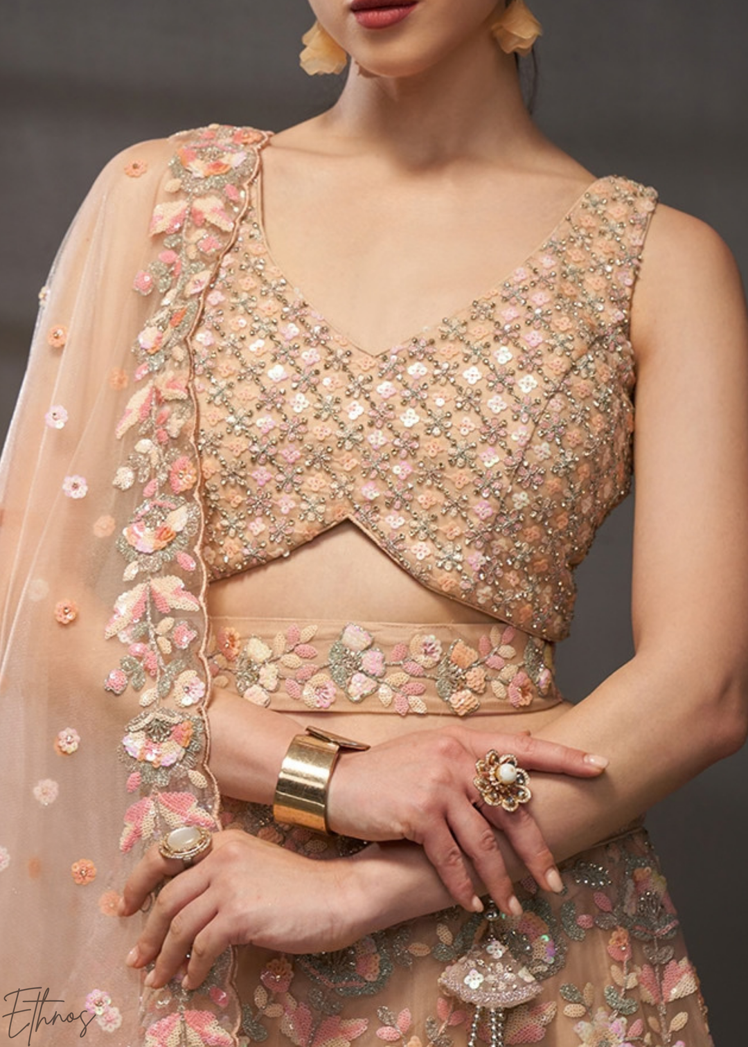 Sunset Amber Gilded Bouquet Net Lehenga