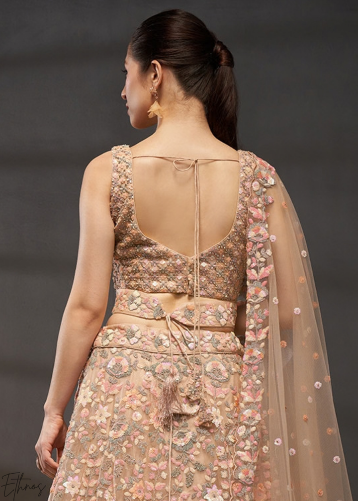 Sunset Amber Gilded Bouquet Net Lehenga